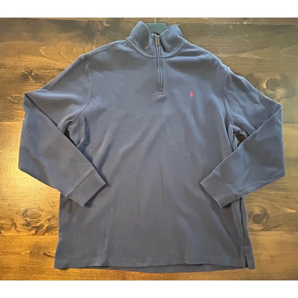 Polo Ralph Lauren Quarter Zip Pullover XL Blue Leather Tab Cotton Mock Neck Pony